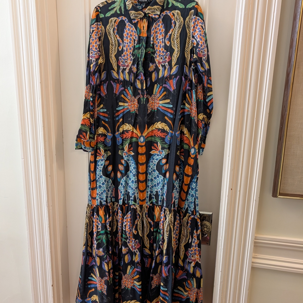 Colorful Patterned Maxi Dress Desigual Tropical Animals Palm Tree Beach